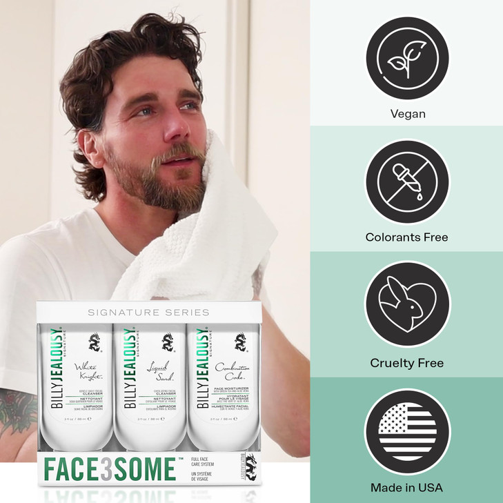 Billy Jealousy Face3Some Face Trio Vegan Mens Skin Care Kit with Travel Size Toiletries Daily Facial Cleanser Exfoliatin