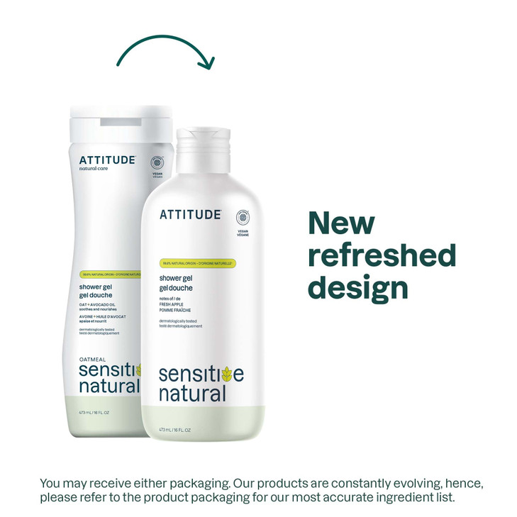 ATTITUDE Body Wash for Sensitive Skin with Oat EWG Verified Dermatologically Tested Vegan Fresh Apple Scent 16 Fl Oz