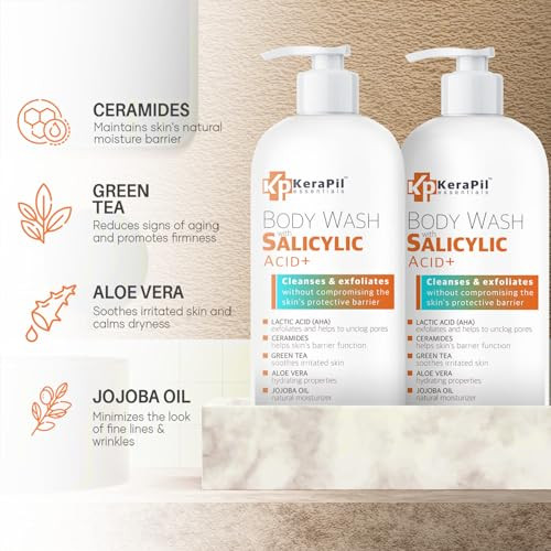 KERAPIL Salicylic Acid Body Wash Skin Nondrying Gentle Exfoliates Rough and Bumpy Skin Body Acne Wash BHA AHA Unscented
