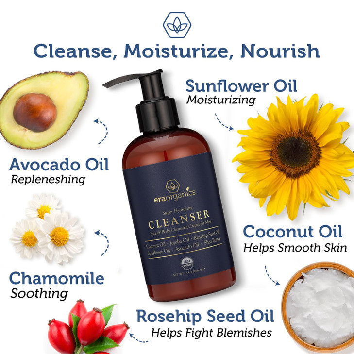 Era Organics USDA Organic Mens Face Wash Nourishing Hydrating Facial Body Cleanser for Smoother Skin