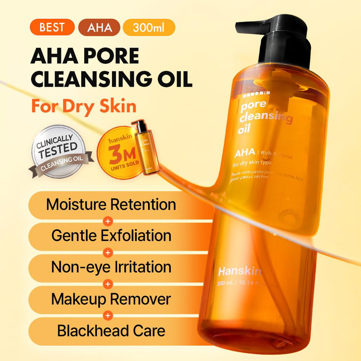 Hanskin AHA Pore Cleansing Oil for Dry Skin Exfoliating Waterproof Makeup Sebum Remover Facial Oil Cleanser for Face Moi