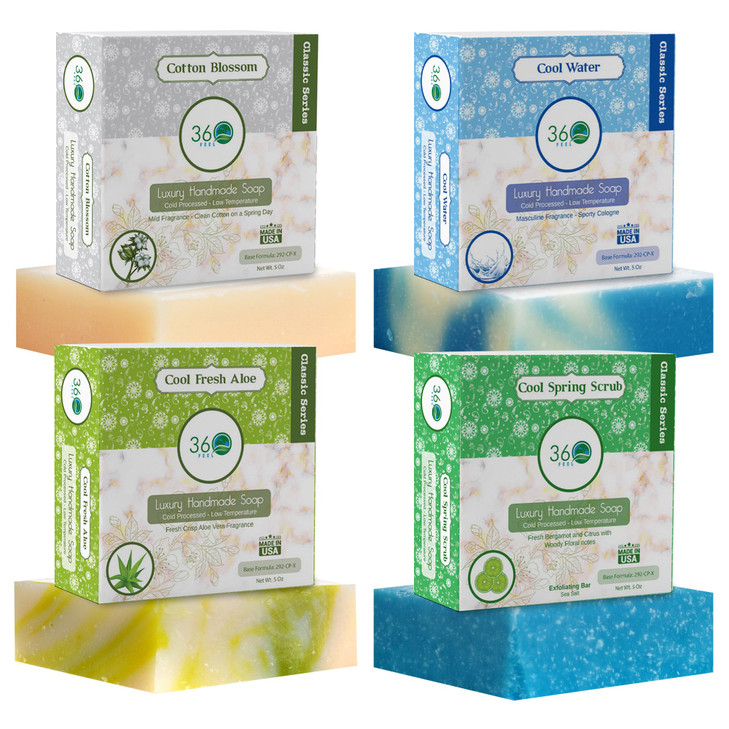 360 Feel Fresh Bar Soap Set Made in the USA Castile Handmade All Natural Cold Processed Infused 4 Refreshing Scents Aloe
