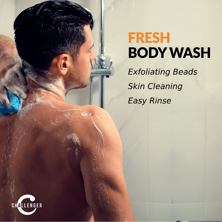 Challenger Mens Fresh Body Wash 16 Ounce Exfoliating Cleanser with Aloe Vitamin E Tea Tree Jojoba Oils Moisturizing Scru