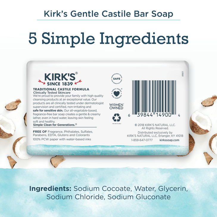 Kirks Fragrance Free Castile Bar Soap Pack of 3