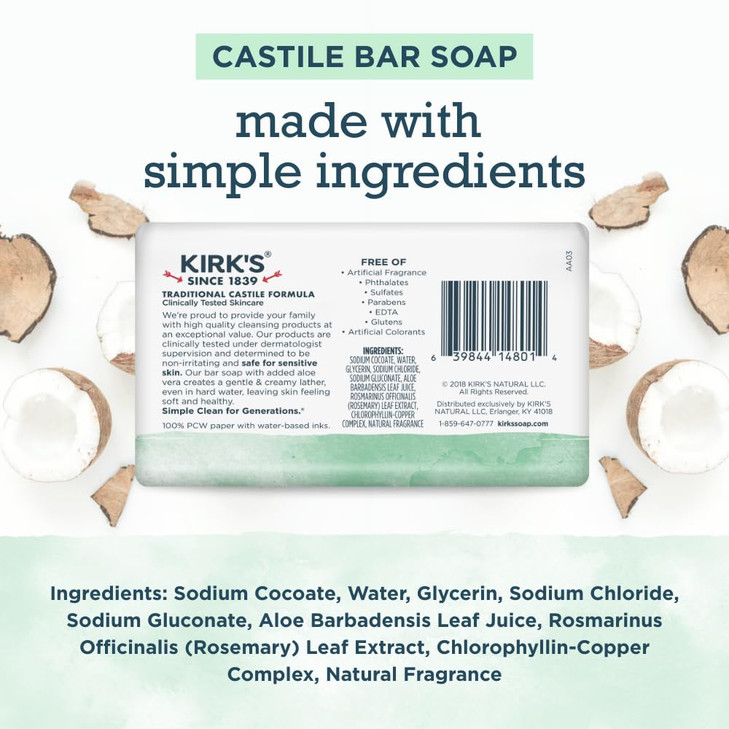 Kirks Castile Bar Soap for Men Women Children Made with Premium Coconut Oil Sensitive Skin Formula Vegan Non GMO Aloe Ve