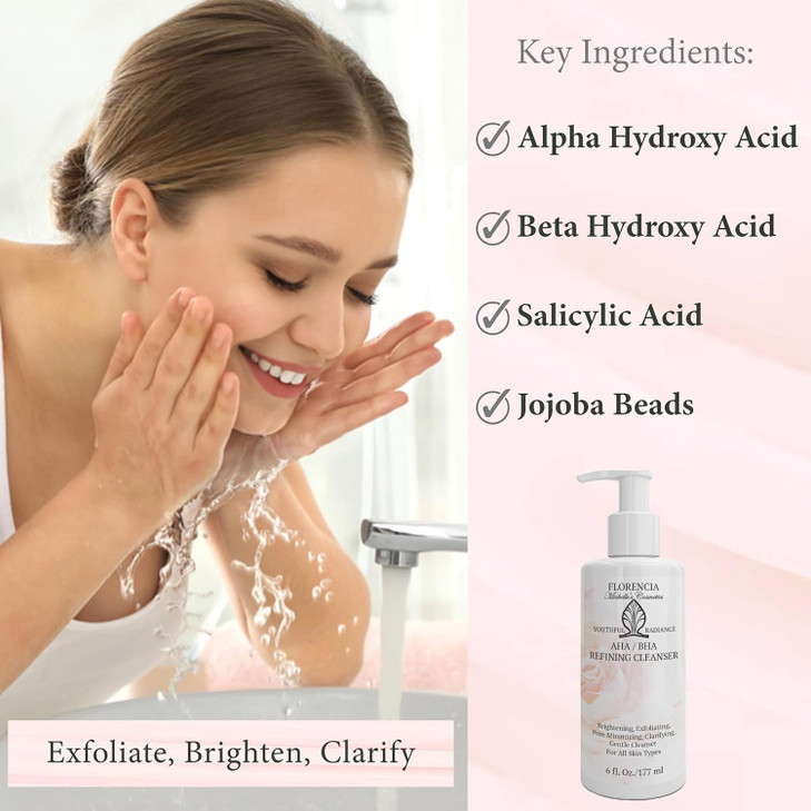 Florencia AHA BHA Refining Cleanser Gentle Daily Exfoliating Face Wash with Glycolic Salicylic Lactic Acid and Jojoba Be