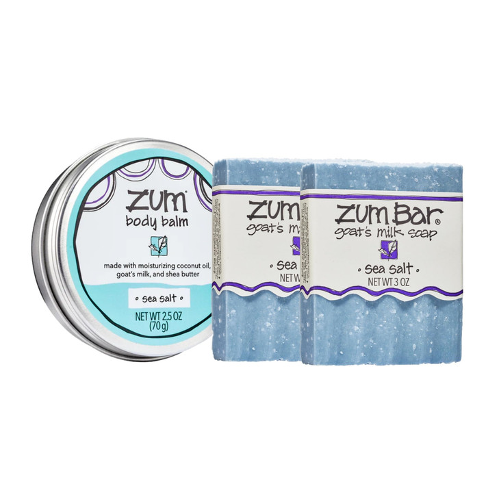 Indigo Wild Zum Bundle Goats Milk Soap Bars Zum Rub Moisturizer Sea Salt Scent 2 Bars 3 oz 1 Rub 25 oz