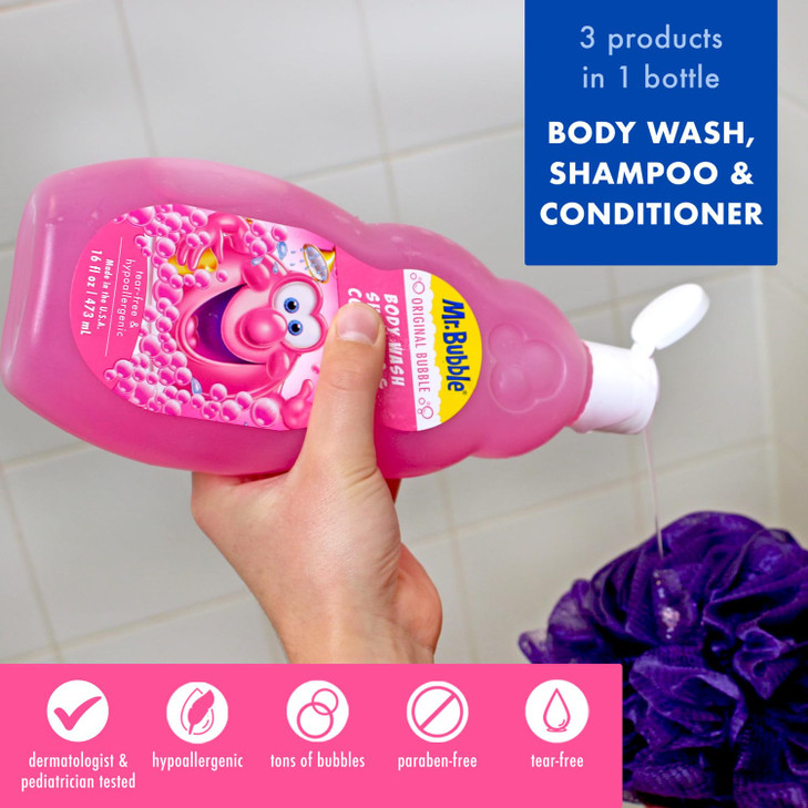 Mr Bubble Kids Original 3in1 Shampoo Conditioner Body Wash Hypoallergenic Tear Free Bubble Gum Scented Creates Big Bubbl