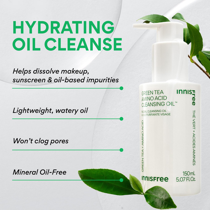 innisfree Green Tea Amino Acid Cleansing Oil Hydrating Korean Face Wash with Jojoba Makeup Remover Sunscreen Dissolving