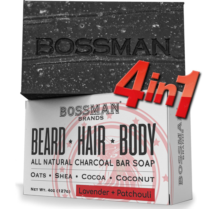 Bossman 4in1 Charcoal Soap Bar 4 oz Bar Soap for Men AllNatural Beard Wash Shampoo Body Wash Shaving Solution Lavender P
