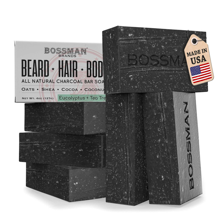 Bossman 6Pack 4in1 Charcoal Soap Bar 4 oz Bar Soap for Men AllNatural Beard Wash Shampoo Body Wash Shaving Solution Euca