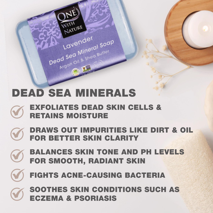 One With Nature Dead Sea Salt Lavender Soap 7oz 3Pack Soothing and Exfoliating Soap Bar with Dead Sea Minerals for Face