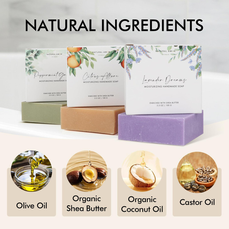 Natural Amor Handmade Soap Bar Set 3 Pk Made with Natural Ingredients No Harsh Chemicals Soap Gift Sets for Women Handcr