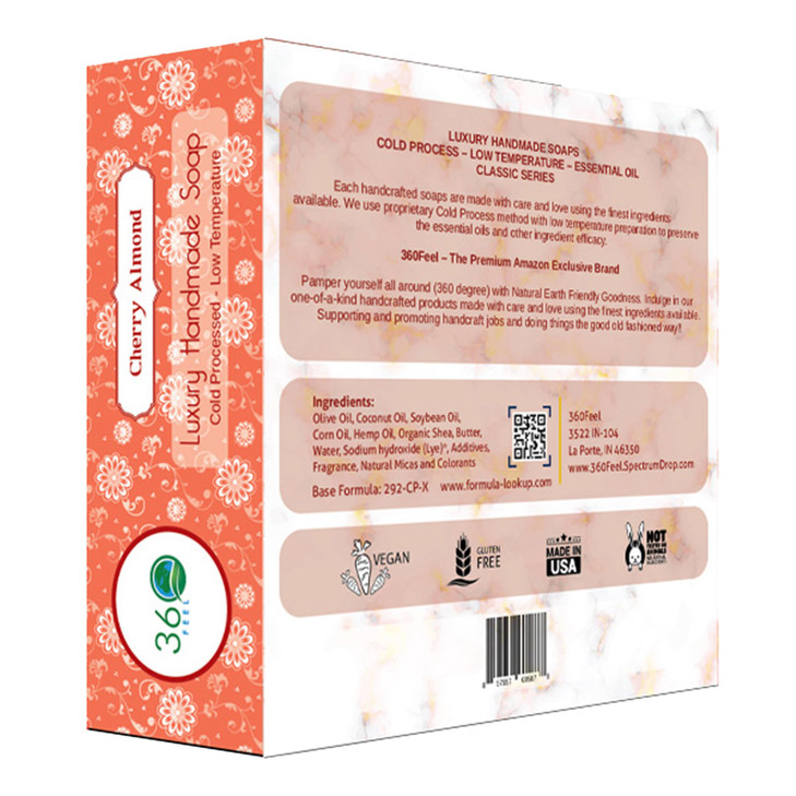 360Feel Cherry Almond Soap Made in The USA Castile Handmade All Natural Cold Processed Infused with Refreshing Cherry Al