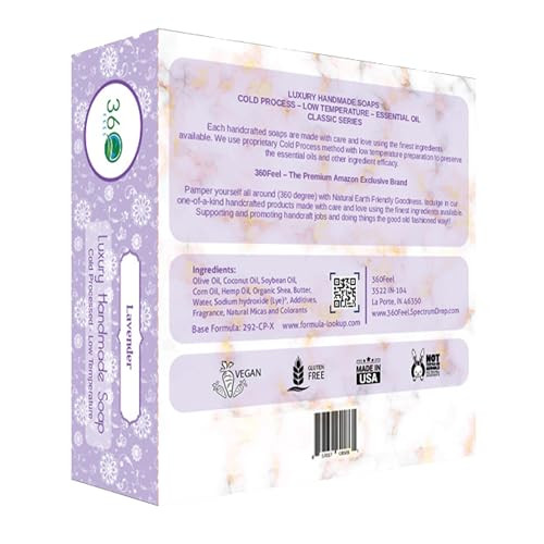 360Feel Lavender Soap Made in The USA Castile Handmade All Natural Cold Processed Infused with Refreshing Lavender Essen