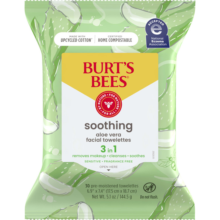 Burts Bees Aloe Vera Face Wipes for Sensitive Skin Soothing Makeup Remover Facial Cleansing Towelettes 30 Count 1 Pack