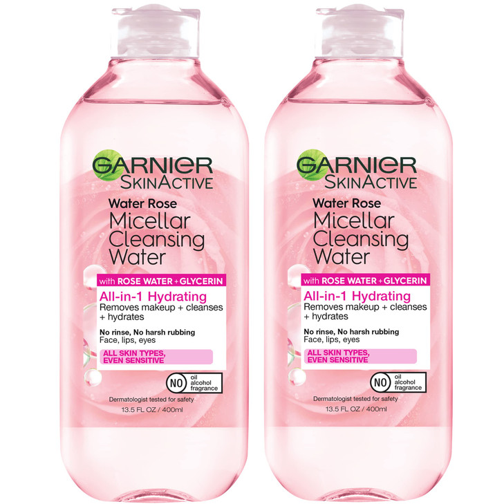 Garnier Micellar Water with Rose Water and Glycerin Hydrating Facial Cleanser Makeup Remover For All Skin Types Vegan Cr