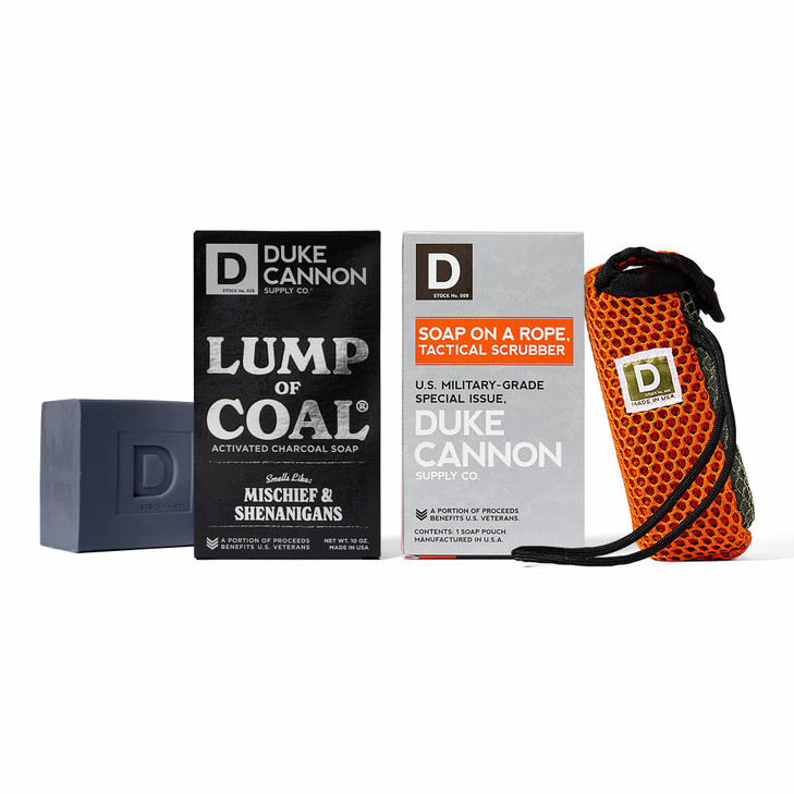 Duke Cannon Scrubber Bundle Tactical Soap Pouch Holder Lump of Coal Soap Bar Bergamot Black Pepper Scent Grooming Essent