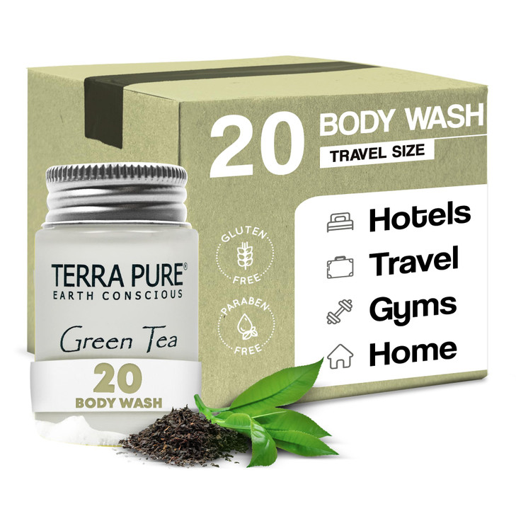 Terra Pure Travel Size Hotel Body Wash 20 Count 1 oz Bottles Guest Amenities for Hotels Vacation Rentals and Short Term