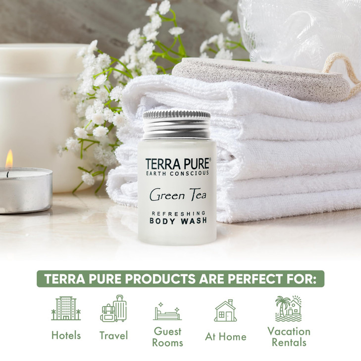 Terra Pure Travel Size Hotel Body Wash 20 Count 1 oz Bottles Guest Amenities for Hotels Vacation Rentals and Short Term