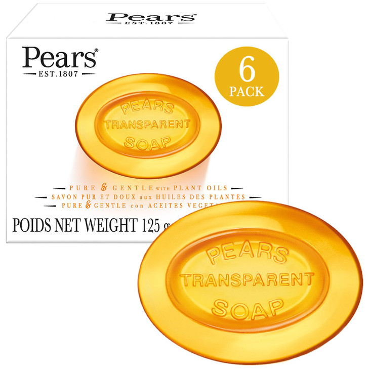 Pears Soap Pure Gentle with Natural Oils 6Pack Transparent Amber Glycerin Soap for Pampered Glowing Skin 44 Oz Ea