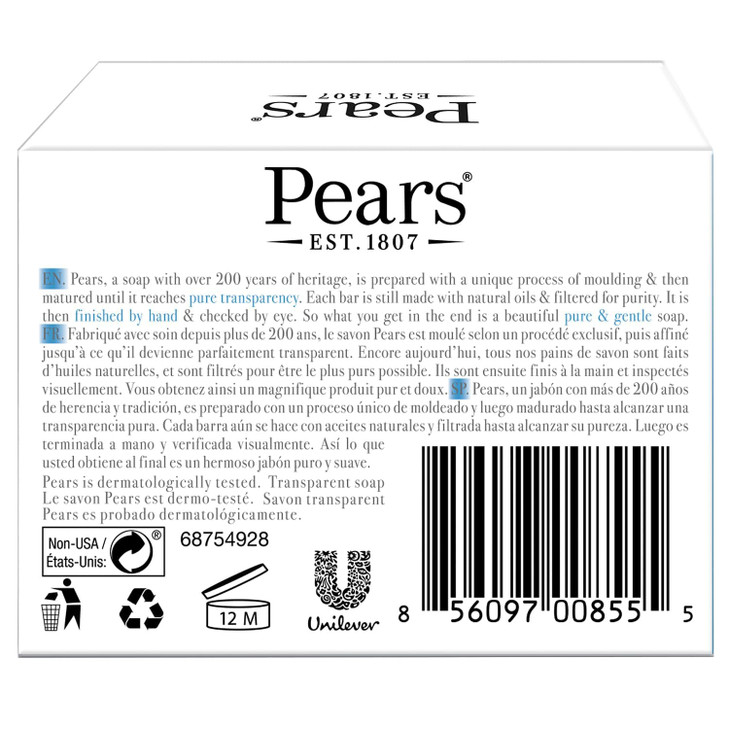 Pears Soap Pure Gentle with Mint Extract Transparent Blue Glycerin Soap for Cool Refreshed Skin 44 Oz