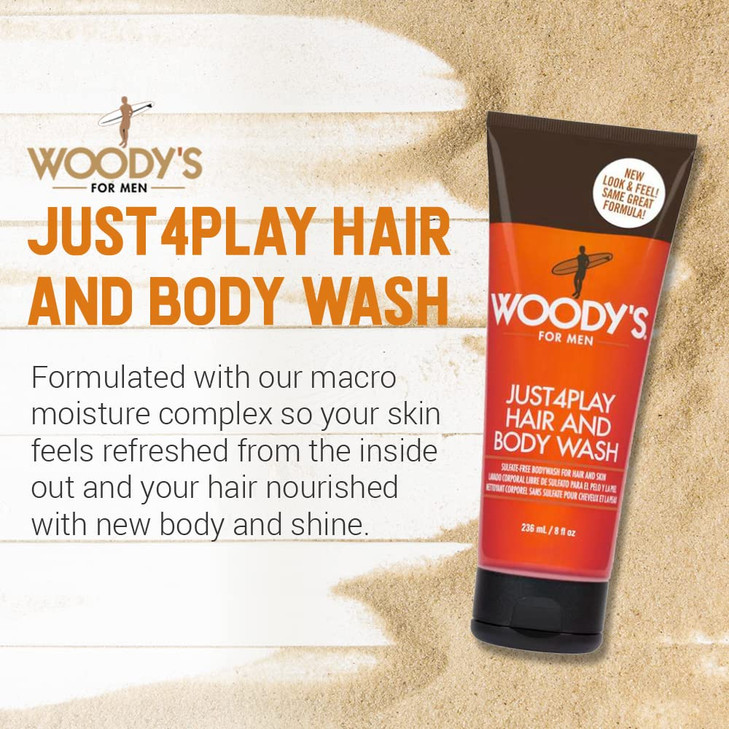 Woodys Just4Play Hair and Body Wash for Men SulfateFree Deep Cleansing Hydrating Fresh Scent AllinOne Shower Gel 8 fl oz