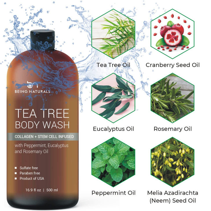 Body Wash with Tea Tree Organic Tea Tree Oil Fights Odor Acne Skin Issues 169 oz by BeingNaturals