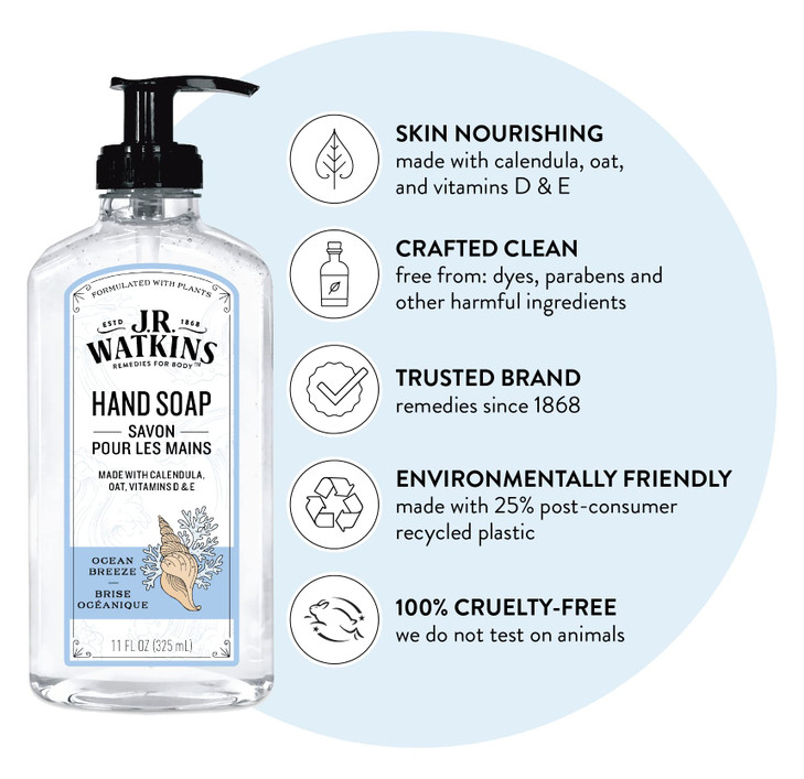 JR Watkins Gel Hand Soap Scented Liquid Hand Wash for Bathroom or Kitchen USA Made and Cruelty Free 11 fl oz Ocean Breez