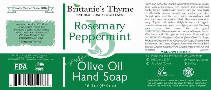 Brittanies Pure Castile Liquid Soap Refill Rosemary Peppermint 16 Ounce Dish Soap Hair Body Home Gentle and Pure Made wi