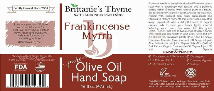 Brittanies Pure Castile Liquid Soap Refill Frankincense 16 Ounce Dish Soap Hair Body Home Gentle and Pure Made with Natu