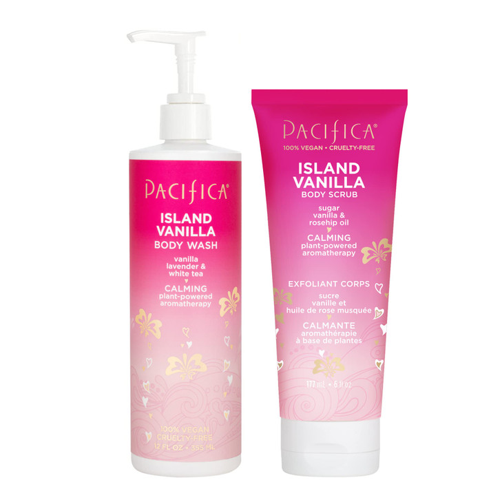 Pacifica Beauty Island Vanilla Body Wash Exfoliating Scrub Aloe Sugar Rosehip Oil Hyaluronic Acid Everyday Cleansing Bat