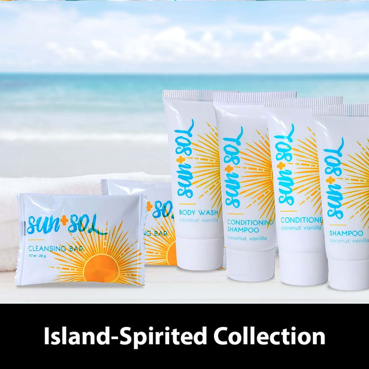 World Amenities Sun Sol Bulk Refreshing Body Wash with Warm Coconut Vanilla Fragrances Travel Size Toiletries Mini Hotel