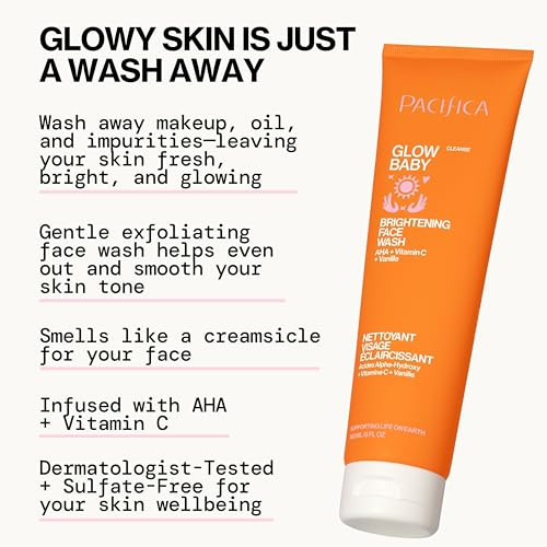 Pacifica Glow Baby Brightening Facial Cleanser 5oz Vitamin C Glycolic Acid AHA Face Wash for Radiance Daily Cleanser for