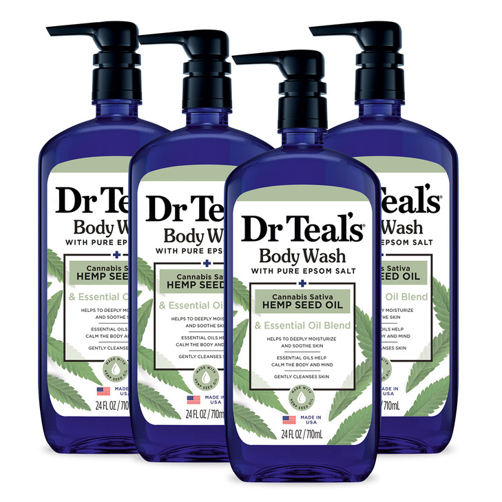 Dr Teals Body Wash with Pure Epsom Salt Cannabis Sativa Hemp Seed Oil 24 fl oz Pack of 4