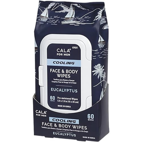 CALA for Men Cooling Face Body Wipes Eucalyptus Leaf Oil Witch Hazel Unscented PreMoistened Cleansing Tissues for Sweat