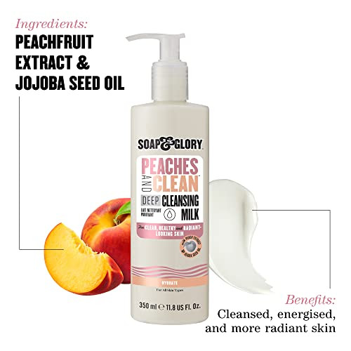 Soap Glory Peaches Clean Cleansing Milk Gentle Face Cleanser Makeup Remover with Jojoba Oil and Peach Ginseng Extracts H