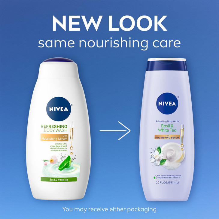 NIVEA Refreshing Basil and White Tea Body Wash with Nourishing Serum Scented Body Wash for Women Enriched with Provitami