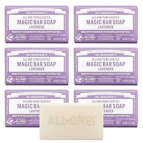 Dr Bronners PureCastile Magic Soap Bars Lavender 5 oz 6Pack Bath Soap with Regenerative Organic Certified Oils For Face