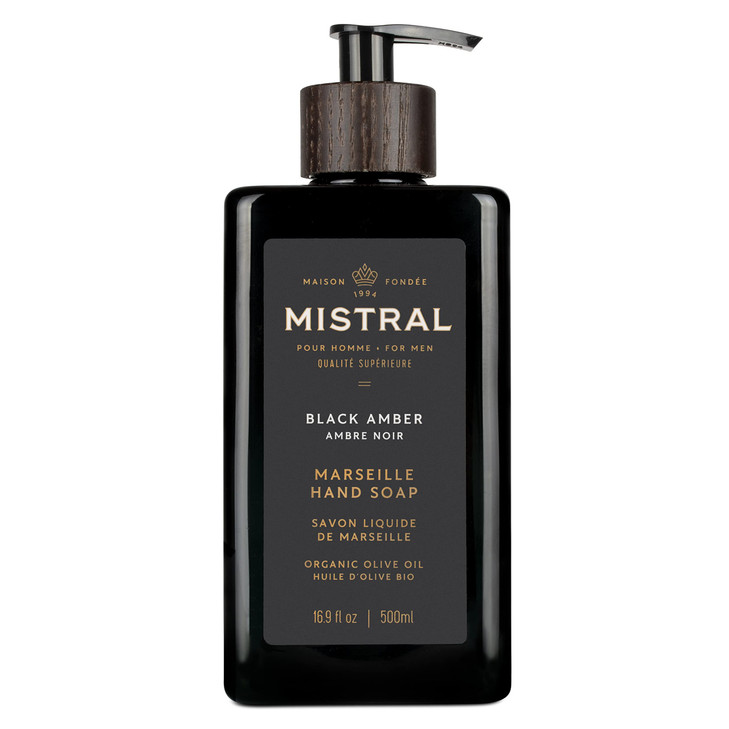 Mistral Black Amber Liquid Hand Soap for Men Luxury Moisturizing Handsoap with Organic Olive Oil Glycerin and Coconut Oi