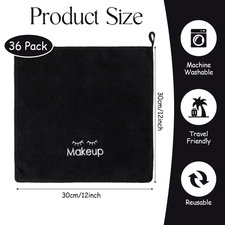 Macarrie 36 Pcs Makeup Washcloths Remover Towels Face Wash Cloths Black Soft Quick Dry Microfiber Make Up Towels for Fac