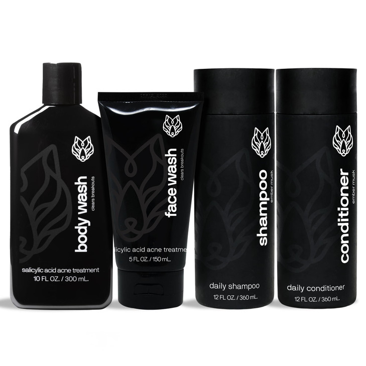 Black Wolf Shower Bundle for Hair and Body Includes Daily Shampoo Conditioner Set Charcoal Body Wash Salicylic Acid Acne