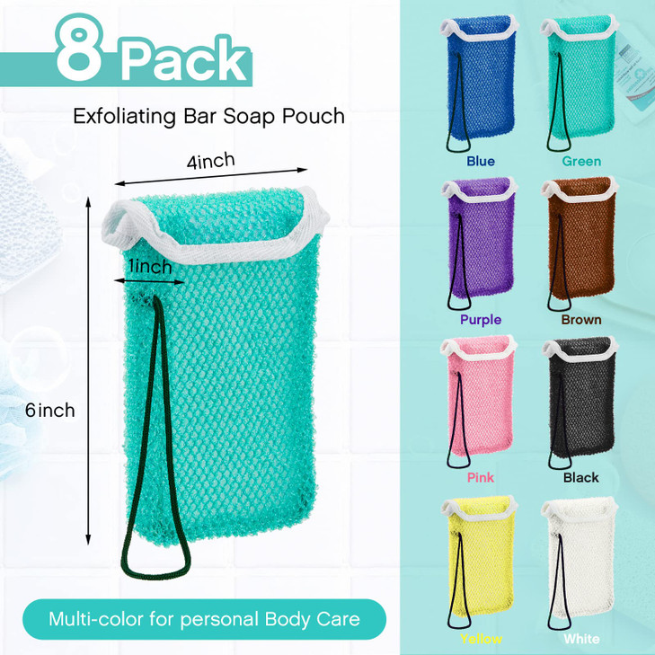 8 Pcs Soap Saver Pouch Body Scrubber Exfoliator and Holder Loofah Savers for Bar Wash Soap Bag with Rope Exfoliating Spo
