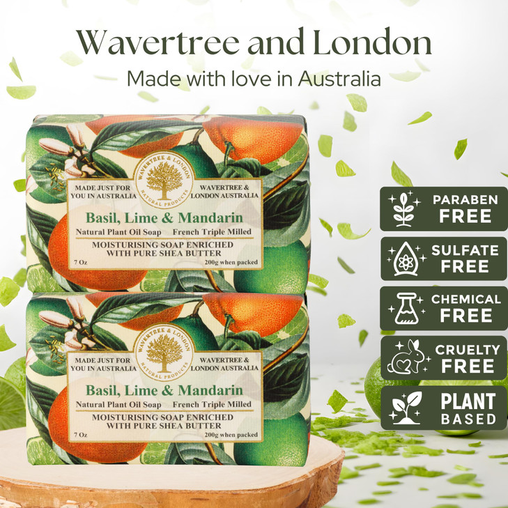 Wavertree London Basil Lime Mandarin Scented Natural Soap 2 Bars 7oz Moisturizing French Triple Milled Soap Bars enriche