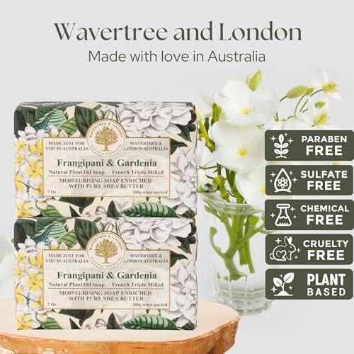 Wavertree London Frangipani Gardenia Scented Natural Soap 2 Bars 7oz Moisturizing French Triple Milled Soap Bars enriche
