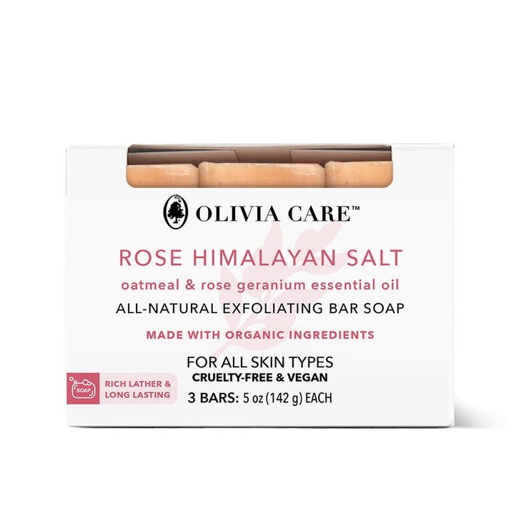 Olivia Care Exfoliating Bar Soap With Rose Himalayan Salt Natural Organic Infused wOatmeal Rose Essential Geranium Oil M