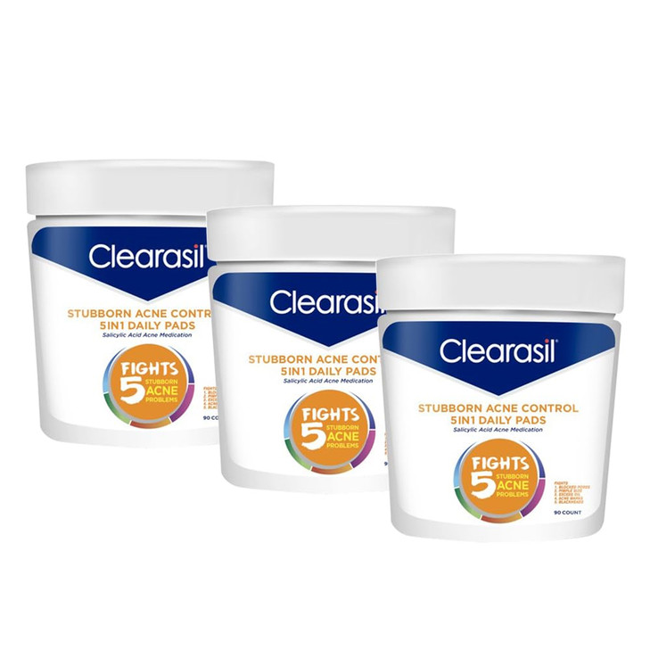 Clearasil Stubborn Acne Control 5in1 Daily Facial Cleansing Pads 90 Count x Pack of 3