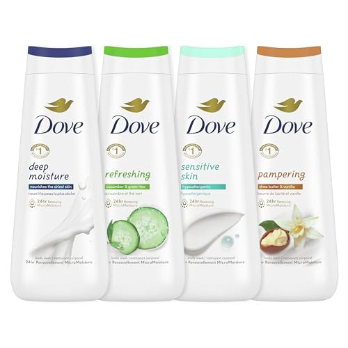 Dove Body Wash Deep Moisture Sensitive Skin Cucumber and Green Tea and Shea Butter Vanilla Collection 4 Count Skin Clean