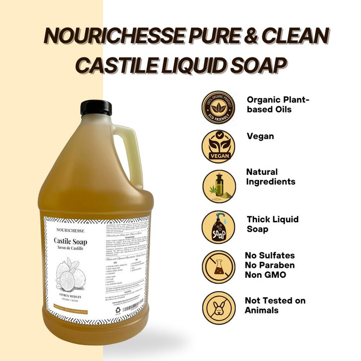 Nourichesse Liquid Castile Soap 1 Gallon Citrus Medley Organic Vegan Natural Body Wash Baby Soap Hand Soap Formulated wi