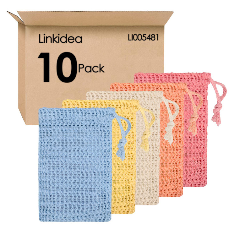 Linkidea 10 Pack Exfoliating Soap Bag Bulk Pack Wholesale MultiPack Color Flax Soap Saver Pouch with Drawstring Exfoliat